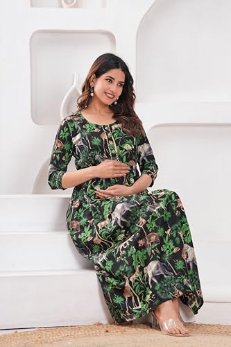 Image of The Moon Star Women's Cotton Floral Printed Anarkali Maternity Feeding Kurti | Breastfeeding Dress for Mothers | Zipper Feeding Kurti,Nursing Kurti, Comfortable and Trendy Maternity Wear