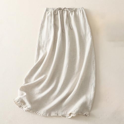Women Cotton Linen Casual Skirt, Lightweight Loose Ruffle Hem Fashion Clothes Solid Color High Waist Tie-Up Midi Skirts2