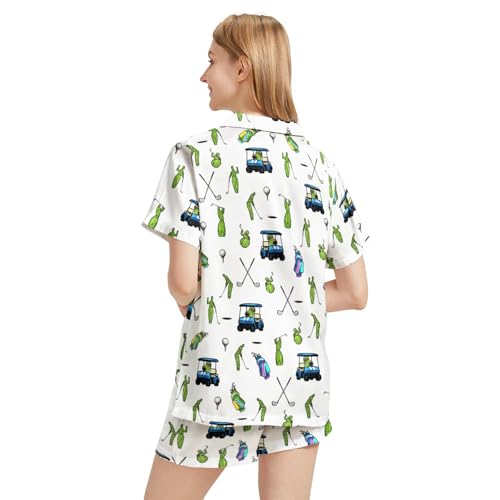 Image of Funny Pajamas for Women Set Print Satin Loungewear Pjs Short Sleeve Button Down Top and Shorts Sets Sleepwear XS-3XL
