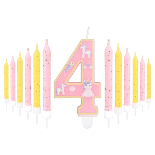 mciskin Pink 4th Birthday Candle,Girl 4th Birthday Decorations,Number 4 Candle for Cake,Party Candles,Pink Candles Yellow Cake Topper for Girls Birthday Party Decorations,Baby Showers Suppplies