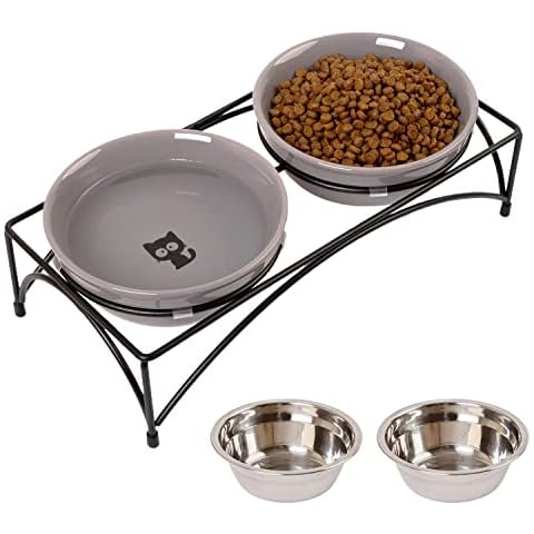 FOREYY Elevated Cat Bowls with 2 Ceramic Bowls and 2 Stainless Steel Bowls,Raised Cat Food Water Bowl with Iron Stand,Porcelain Pet Dishes for Cats and Small Dogs,16 Ounces,Dishwasher Safe(Gray) Cover