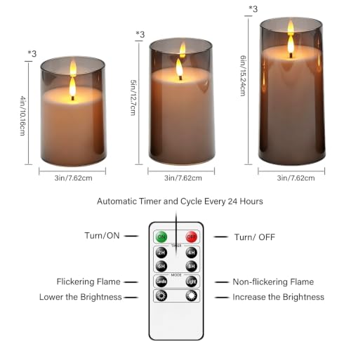 Image of kakoya Flickering Flameless Candles Battery Operated with Remote and 2 /4 /6 /8 H Timer Acrylic Led Pillar Candles Pack of 9 (D 3 inch xH 4 inch 5 inch 6 inch) with Realistic 3D Wick Candles for Home Decor(Grey)