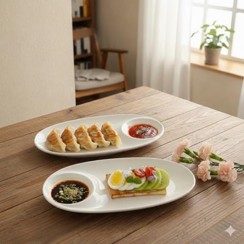 Image of Elegant Oval Melamine Serving Platter with Integrated Sauce Well 13 Inch Set of 1, Chip-Resistant White Appetizer Dish for French Fries, Sushi, and Dumplings