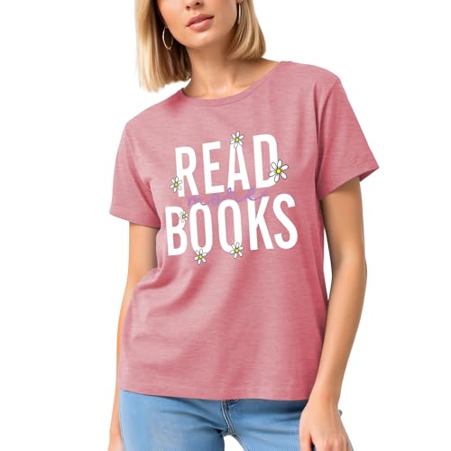 Image of Reading Teacher Shirt Women-Cute Read More Books Short Sleeve Library Book Lovers Daisy Tee Tops