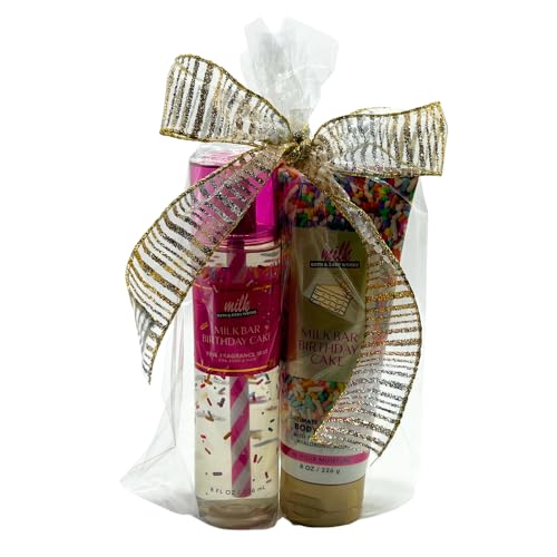 Bath & Body Works MILK BAR BIRTHDAY CAKE Fine Fragrance Mist & Body Cream 2pc Gift Set with 30-Inch Metallic Gold & Silver Striped Ribbon Bow for Birthdays & Holidays Full Size