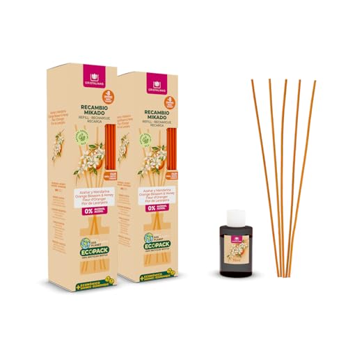 CRISTALINAS | Pack 2 Recambio + Cañas Ambientador Mikado | 100% Puro | Larga Duración 8 Semanas | 35ml | 0% Alcohol (2x35ml, Azahar y Mandarina)