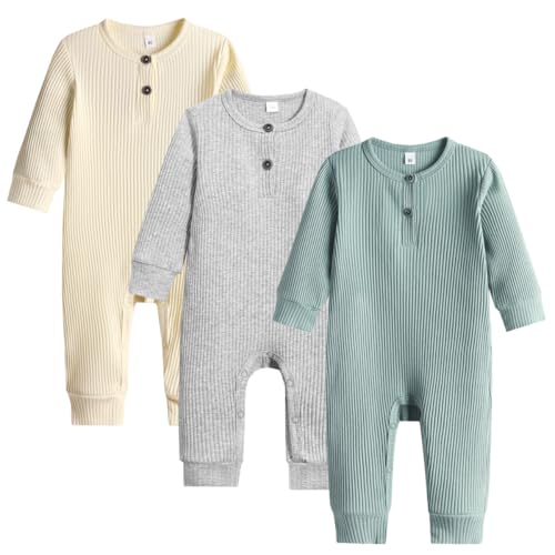 Image of Bafeicao Baby Boy Girl 2/3 Pack Solid Romper Ribbed Short/Long Sleeve Bodysuit Jumpsuit Infant Knitted Outfits Clothes