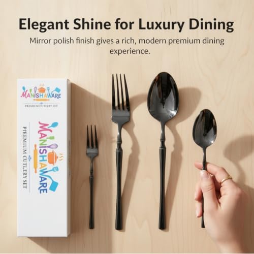 Image of Classic Black 12 Pcs Stainless Steel Cutlery Set for Dining Table, Dishwasher Safe Glossy Flatware