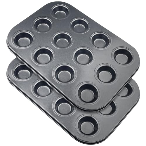 Baxcdyswe Juego de 2 Molde Magdalenas Horno, Mini Bandejas para Hornear Recubrimiento Antiadherente Molde, Reutilizables Muffins de Acero al Carbono para 12 Magdalenas para Brownie, Pudín, Cupcake