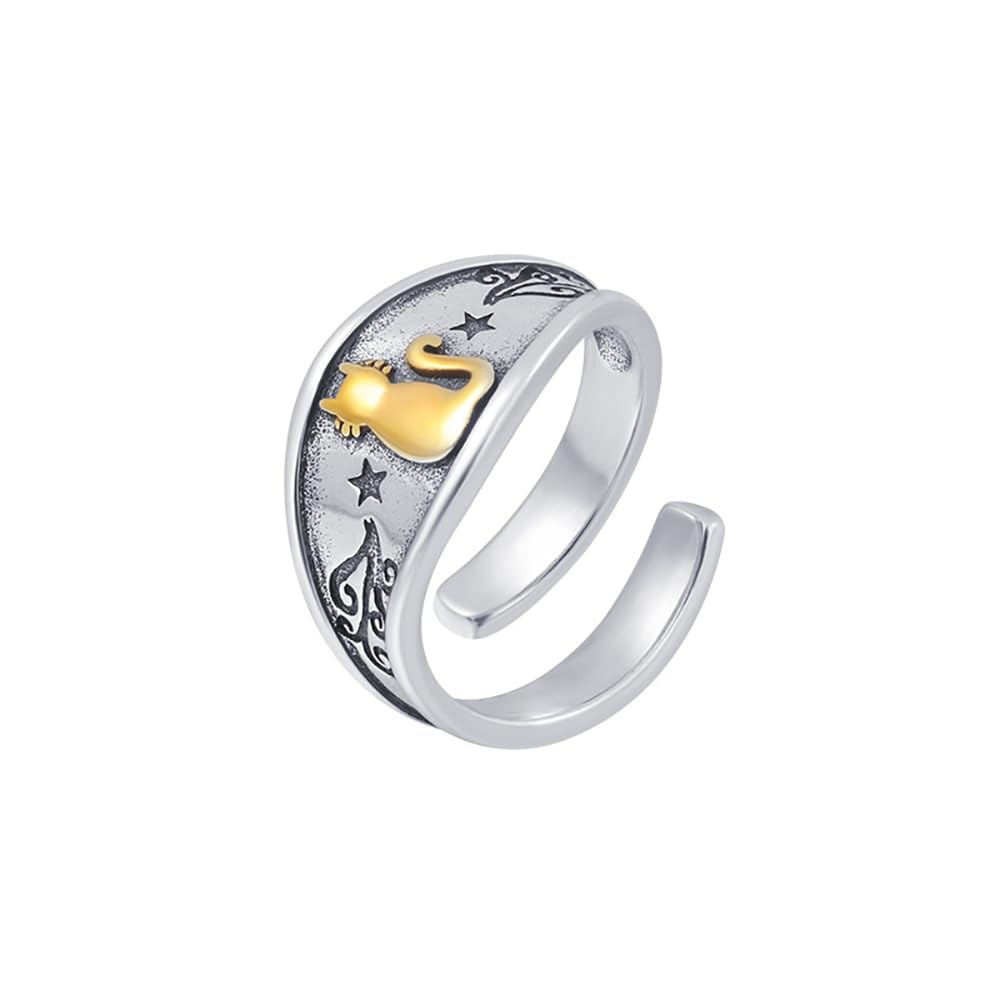 Anello Aperto Regolabile A Forma Di Gattino – Stile Vintage Con Stella, Per Uomo/Donna, Ipoallergenico