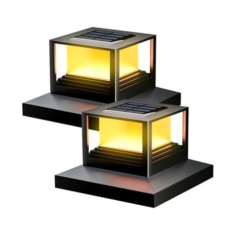 HMAKGG 2 Pezzi Luce Solare Pilastro, Lampade Solari da Giardino con 2 Modalità & Sensore di Crepuscolare, IP44 Impermeabile Lampione Solare LED Esterno Nero per Patio Recinzione Pali in Legno