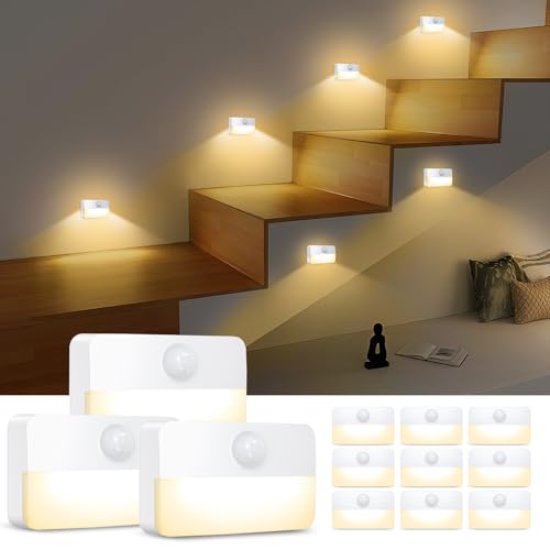 Image of AMIR 12 Pack Motion Sensor Stair Lights for Indoor, Battery-Operated LED Night Light, 40 Lumen 3000K, Cordless Closet Light, Tap Light, Safe Lights for Stairs, Hallway, Bathroom, Cabinet, Kitchen