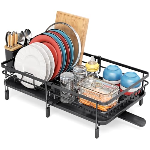 Expandable Dish Drainer Rack,Adjustable Dish Rack,Foldable Dish Drying Rack with Removable Cutlery Holder Swivel Drainage Spout,Anti-Rust Plate Rack for Kitchen 1 Piece