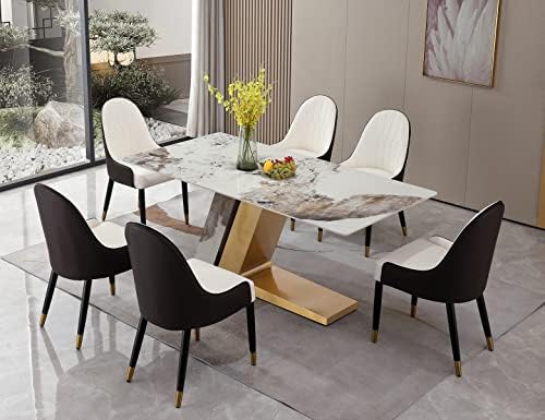 Leavader Modern 71" Dining Table Set - Rectangle Marble Dining Table Top and Stainless Steel & Sintered Stone Base, 7-Piece Minimalist Dining Room Table Set for 6