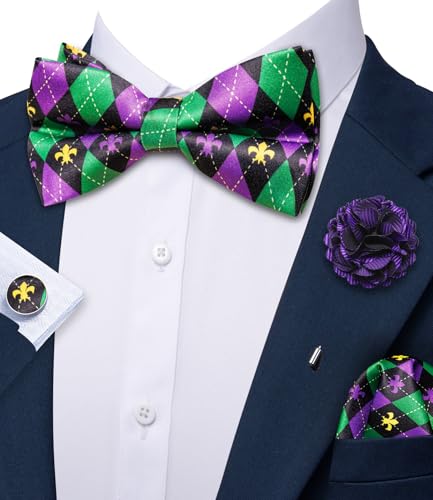 Image of YOHOWA Mens Bow Tie Paisley Coloful Pre-tied Bowties Handkerchief Cufflinks