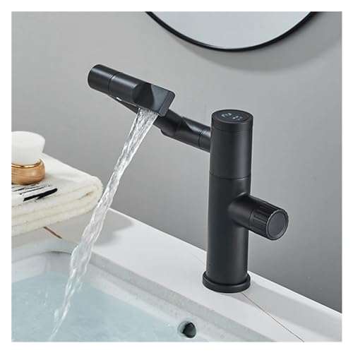 Grifo de tocador moderno para baño con salida en cascada negra y agua caliente para lavado diario
