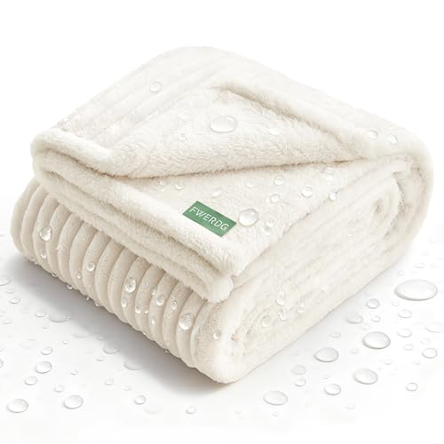 FWERDG Waterproof Dog Blanket for Couch - Washable Medium Pet Blanket for Furniture Protector, Cozy Fleece Calming Dog Crate Blankets for Indoors & Outdoors, Cream, 30'x40'