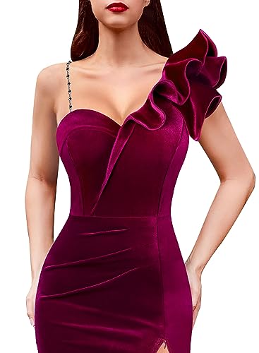 Image of VFSHOW Womens Ruffle One Shoulder Strap Ruched Formal Prom Wedding Maxi Dress V Neck Elegant Split Cocktail Evening Long Gown
