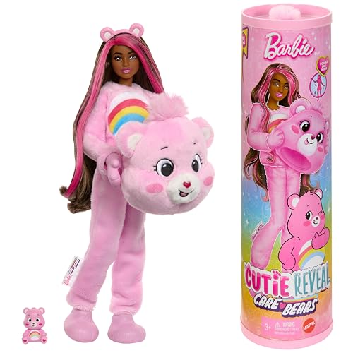 Barbie-Puppe mit Accessoires, Glücksbärchis-Reihe, Modepuppe mit plüschigem Hurrabärchi-Kostüm und 10 Überraschungen, einschließlich Farbwechsel und Mini-Bärchi, JCN95