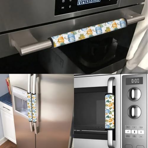 Image of Pumpkin Print Refrigerator Handle Covers Set of 6 Thanksgiving Kitchen Appliance Handle Covers Adjustable Fridge Handle Gloves Decorative Non-Slip Protective Handle Covers