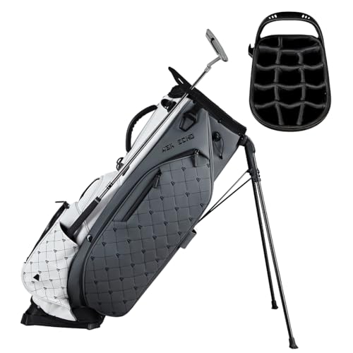 ASK ECHO Golf Prestige-14 Way Full Length Hybrid Stand Bag – Premium Leather, External Putter Clip (Grey White)