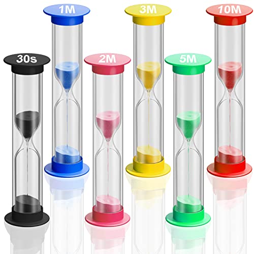 SuLiao Mini Sand Timer for Kids, 30S/1/2/3/5/10 Minute Acrylic Hourglass Sand Watch Clock Set, Plastic Unbreakable Hour Glass Small Sandglass for Classroom Games Kitchen (Pack of 6)
