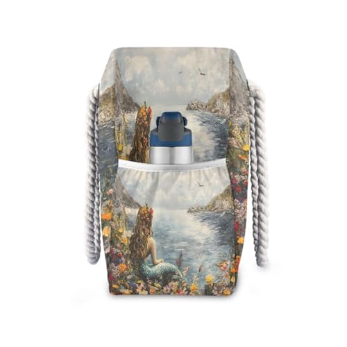 Mermaid and Flowers Beach Bag & Travel Tote Bag Large Sandproof with Zipper Closure, Wet Pouch for Swim Gym Travel, Lightweight Foldable Outdoor Bag3