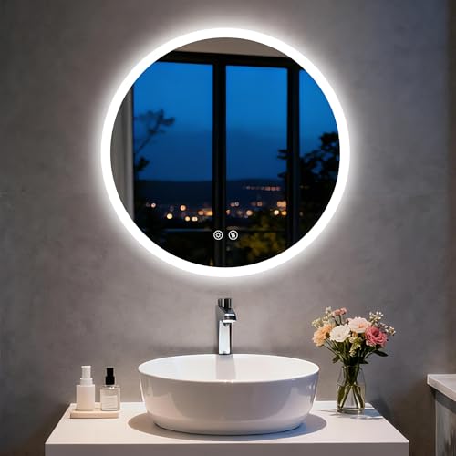 LUVODI Espejo Baño Redondo con Luz LED 50 x cm Espejos de Baño Pared con 2 Interruptor Táctil