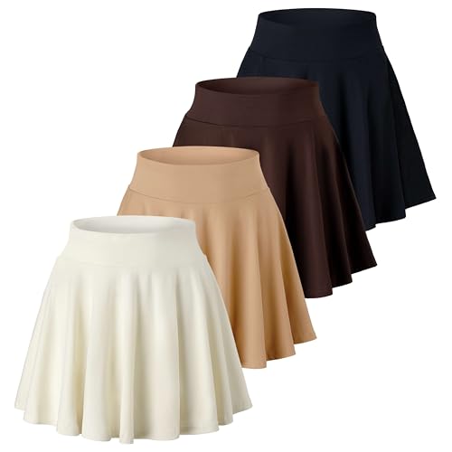 Real Essentials 4 Pack: Women's Basic Casual Stretchy Mini Skirt - Skater A-Line Flowy Flared (Available in Plus Size)