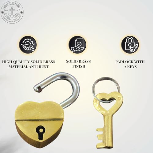 Image of Vintage Heart Shape Mini Brass Padlock with Keys Anti-Theft Decorative Lock for Bag, Travel Suitcase, Jewelry Box, Treasure Chest & Home Storage