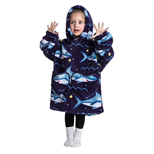 Übergroße Hoodie Decke Sweatshirt, Superweiche Decke Pullover mit großer Fronttasche und warmem Fleece-Kapuzenpullover Kapuzenpulli, Einheitsgröße fur Kleiner Mädchen Kleiner Jungen Kleinkind Hai Cover