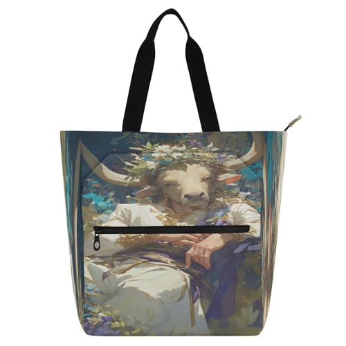 Decorative Kids Tote Bags for Kids Students Adults, Retro Golden Bull Luxurious Waterproof Girls Resuable Shopping Bag Handbag with Zipper for School Work Travel Rainbow para guardar libros