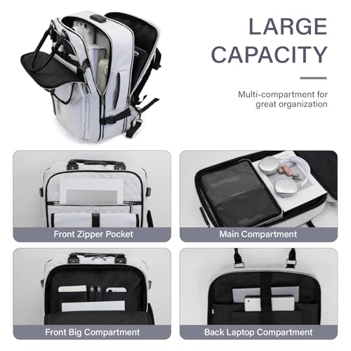 Travel Backpack for Women, 50L Carry On with USB Charging Port, Anti Theft, 17.3 Inch Laptop Compatible, White, Large2