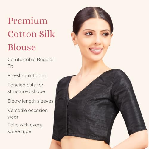 Image of Studio Shringaar Women Readymade Raw Silk V Neck Saree Half Sleeve Blouse