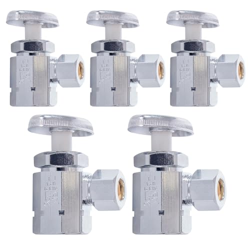 Image of Midline Valve 71112QS-OM-5 Water Supply Stop Valve with Multi-Turn Wheel; Angle Shut-off for Toilet, Sink, Dishwasher, Heater; 1 /2'' FIP x 3 /8'' Compression; Chrome Plated Brass (5 PK)