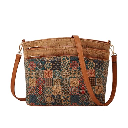 CORIOS Style Bohème Sac Bandoulière Femme Sac Portés Épaule avec Motifs Ethniques Sac à Main en Liège Naturel Rétro Sac Fourre Tout Voyage Travail Achat Sac Hobo Cabas Olive