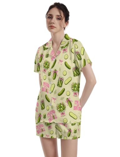 Image of Funny Pajamas for Women Set Print Satin Loungewear Pjs Short Sleeve Button Down Top and Shorts Sets Sleepwear XS-3XL