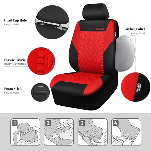 Image of CAR PASS Car Seat Covers Full Sets, Front & Split Rear Bench for Car, 3D Tyre Embossed Automotive Interior Covers, Airbag Compatible, Quick Setup Universal Fit Seat Covers for Car, SUV(Black Red)