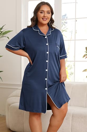 Image of Vozanet Women Button Down Nightgown Plus Size Nursing Nightshirt Boyfriend Nighty Bridal Sleepdress with Pockets XL-5XL