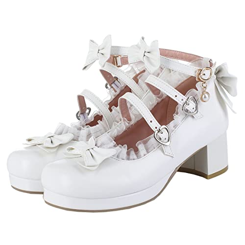 Mary Jane Damen-Plateauschuhe mit Knöchelriemen, Schleife, klobiger Absatz, Cosplay, Rockabilly-Schuhe, Weiß, 40.5 EU Cover