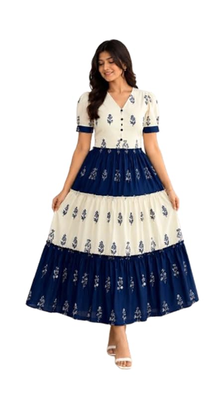 Women's Navy Blue & White Cotton Blend Printed Maxi Dress | V-Neck Puff Sleeve Tiered Long Dress | Vacation Casual Size XL-image-28