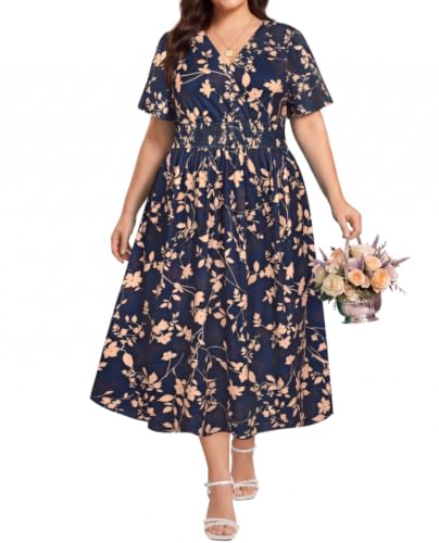 Image of CARCOS Plus Size Dresses for Curvy Women V Neck Summer Maxi Dress Short Sleeve Floral Boho Dress Smocked Waist Beach Dress