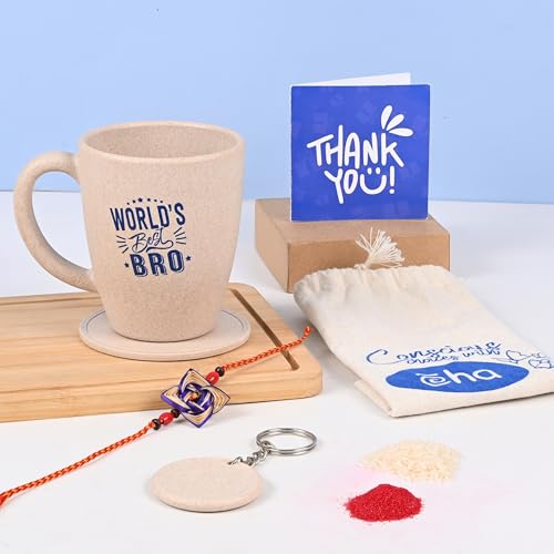 Image of Eha Earth Friendly Rakshabandhan Gift Made with Rice Husk| 300 ml, Set of 1 | Includes 1 Printed Coffee Mug, Coaster,Keychain & Bamboo Rakhi| Rakhi Set for Brother | Rakshabandhan gift for Brother