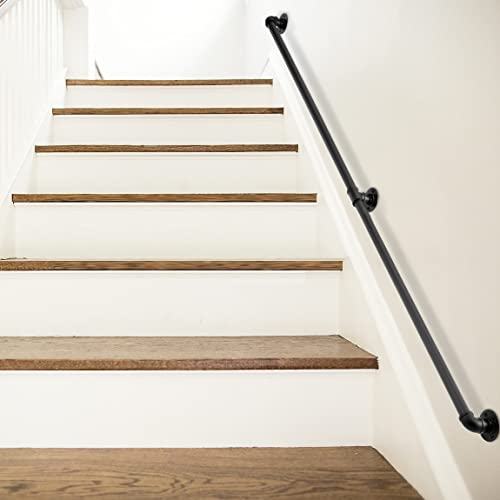 Zeropone Wall Handrail 6Ft For Stairs Steps,Metal Staircase Handrail,Black Galvanized Industrial Iron Hand Rail For Indoor & Outdoor Wall Mount Support,Iron Banister Rail, Safety Grab Handle #TOP7