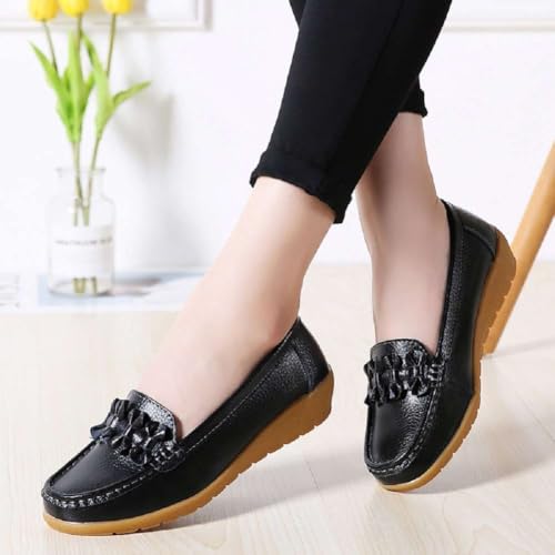 Image of Women's Genuine Leather Platform Loafers Classic Casual Comfort Slip-On Shoes Soft Sole Dress Shoes