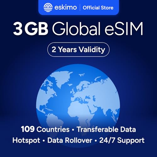 Eskimo Global 1-30GB Travel eSIM | 2 Year Validity | 5G High Speed Data (3GB)