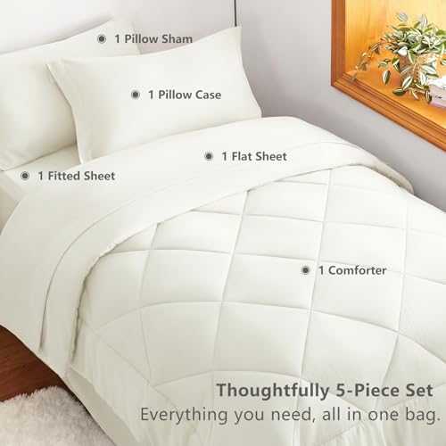 Image of CozyLux Twin XL Comforter Set Ivory - 5 Pieces Twin Extra Long Bed in a Bag for College Dorm, All Season Bedding Set for Girls and Boys, Soft Bed Set with Comforter, Sheets, Pillowcase & Sham