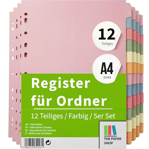 The Paper Shop A4 Ordner Register Unterteiler Hochformat 150 g/m² | 5 Pack | 12-Teilig Mehrfach Gelâ€¦ – Miniatur