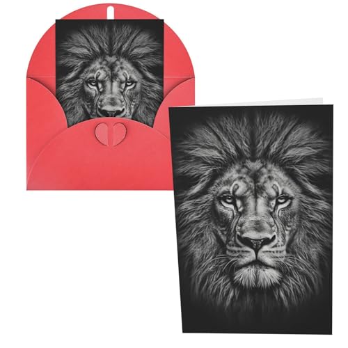 QMNSEHF 黒と白のライオンヘッド グリーティングカード 封筒付き Thank YouCard Happy Birthdayカード 女性用 男性用 クリスマス ハロウィン 結婚式 ブランク ノート カード あらゆる機会 グリーティングカード 4x6
