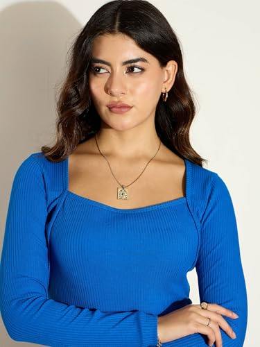 Image of sassafras Women's Slim Fit Full Sleeves Rib Square Neck Ribbed Basics - Casual Ribbed T-Shirt Tops